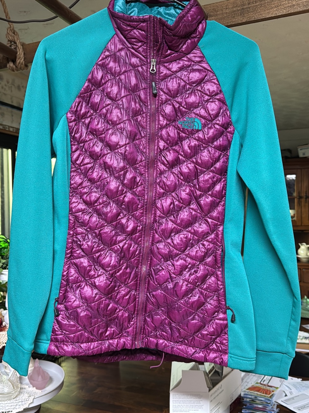 The North Face and Purple Quilted Insulated Jacket with Teal Sleeves